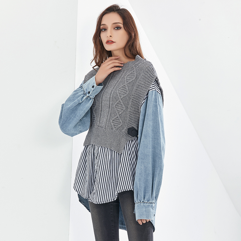 TWOTWINSTYLE Patchwork Striped Blouses For Women O Neck Long Sleeve Casual Oversized Knitted Shirts Female Autumn Clothing 210225