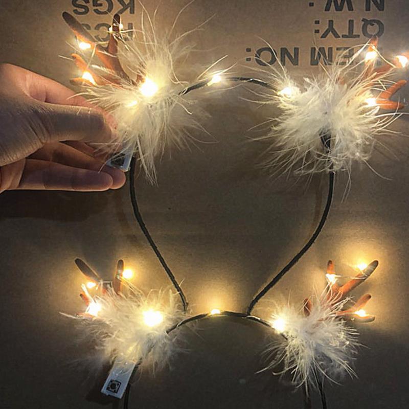 LED Fluffy Feather Antlers Headband Christmas Glowing Light Up Flashing Deer Ears Hairband Costume Fancy Cosplay Party Decor with battery