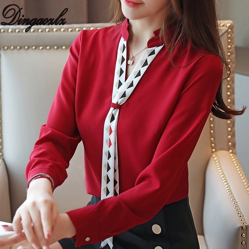 Dingaozlz blusa feminina Elegant Chiffon shirt Long sleeve Ladies blouse Red White Office lady shirt Patchwork Women Tops T200321