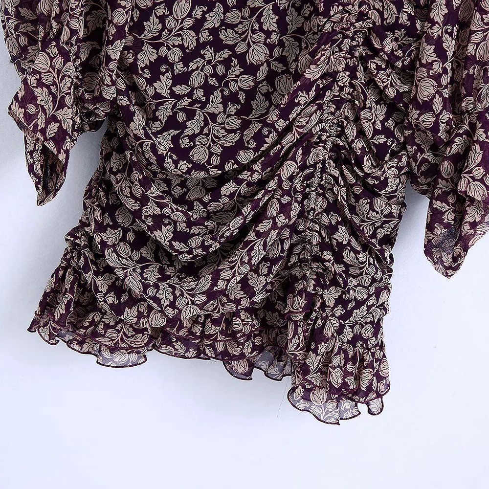 Women Printed Draped Short Dress V-neckline Ruffled Hem Vintage Retro Casual Elegant Chic Mini Woman Dresses 210709