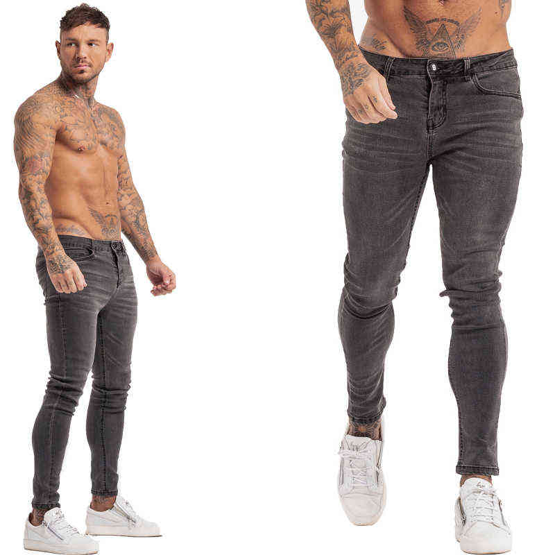 GINGTTO Jeans for Men Pants Elastic Waist Skinny Mens Stretch Ripped Streetwear Denim Blue 211111