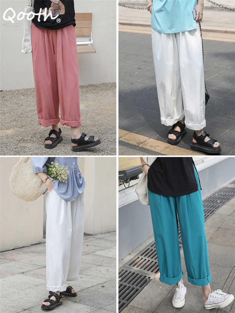 Qooth Wide-Leg Straight Solid Casual Pant's Summer All-Match Fashion Multi-color Office Lady Trendy QT685 210609