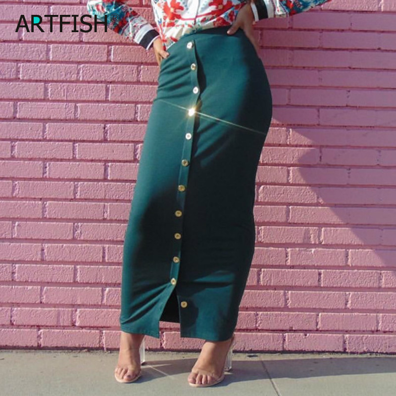 Bodycon Plus Size Autumn Women High Waist Skirts Button Maxi Long Skirt Femme Sexy Pencil Bodycon Skirts Solid Black GV799 210306
