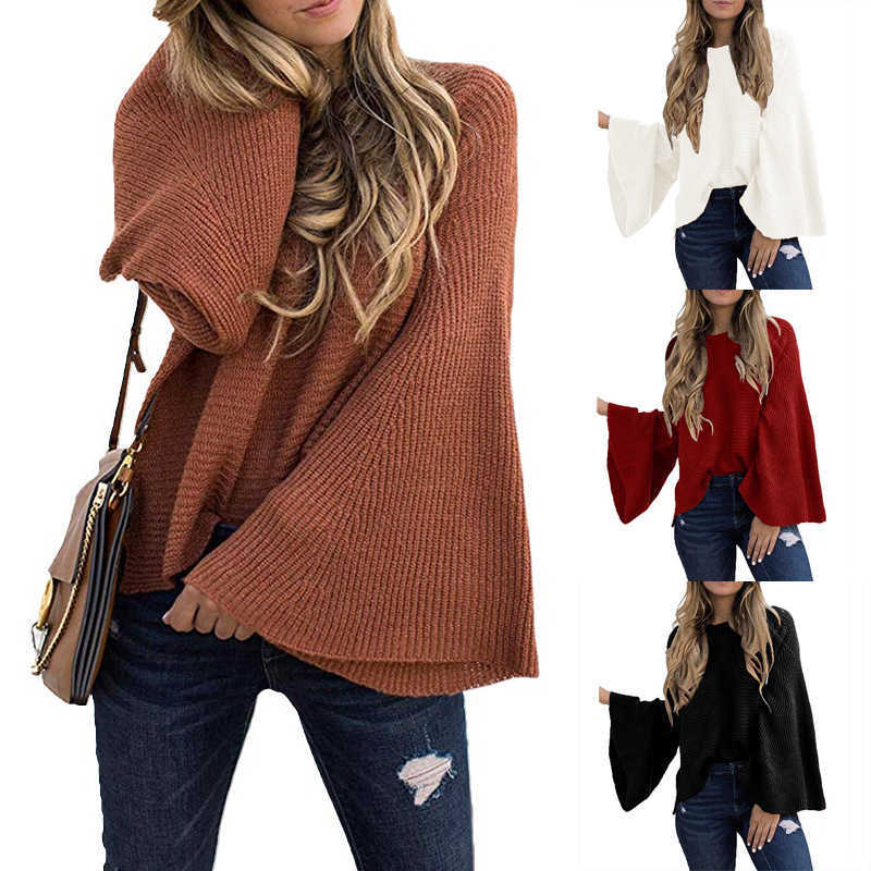 autumn women Big Flare sleeve pullover sweaters long-sleeved O-neck black sweater pull femme nouveaute jumper mujer 210604