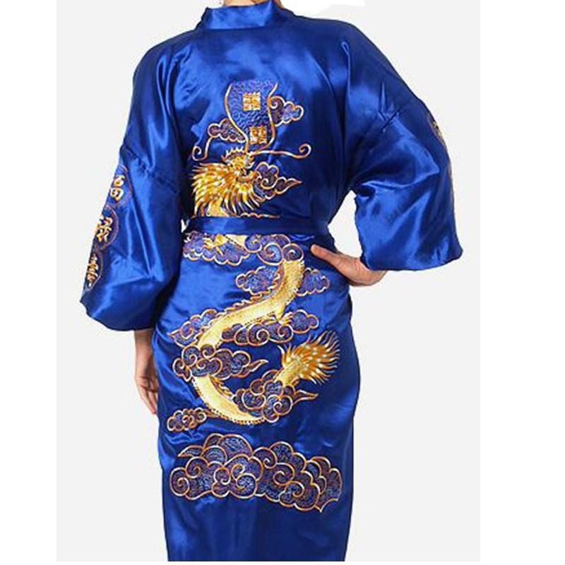 Men's Sleepwear Navy Blue Robe Bathrobe Men Chinese Satin Silk Embroidery Kimono Bath Gown Dragon Yukata