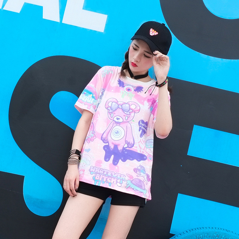 Pastel Goth Cute Pink T Shirt Bear Monsters Whatever Bitch Graffiti Funny Casual T-shirt Women Fashion Novelty Short Sleeve Tee 210310