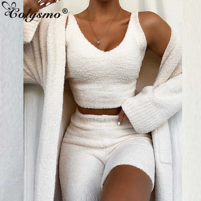 Colysmo White Loungewear Set Summer Sleeveless Crop Top Shorts Two Piece Women Knitted Velvet Home Wear Casual Clothes 210527