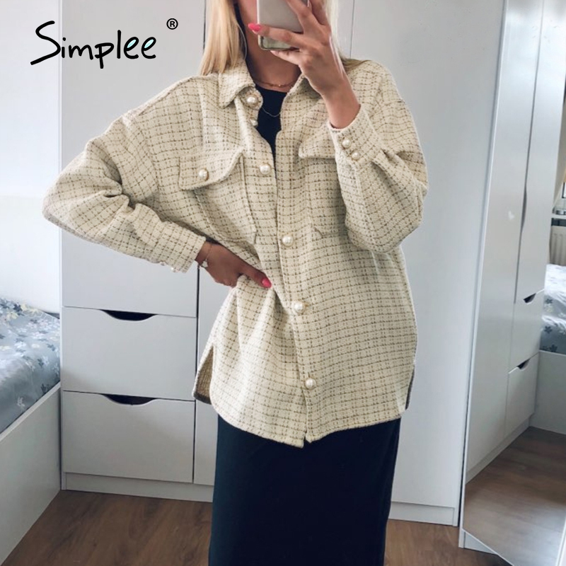 Simplee Elegant Pearl Tweed Plaid Shirt Women Autumn Winter Casual Loose Oversized Long Shirt High Street Fashion Women's Blouse 210225