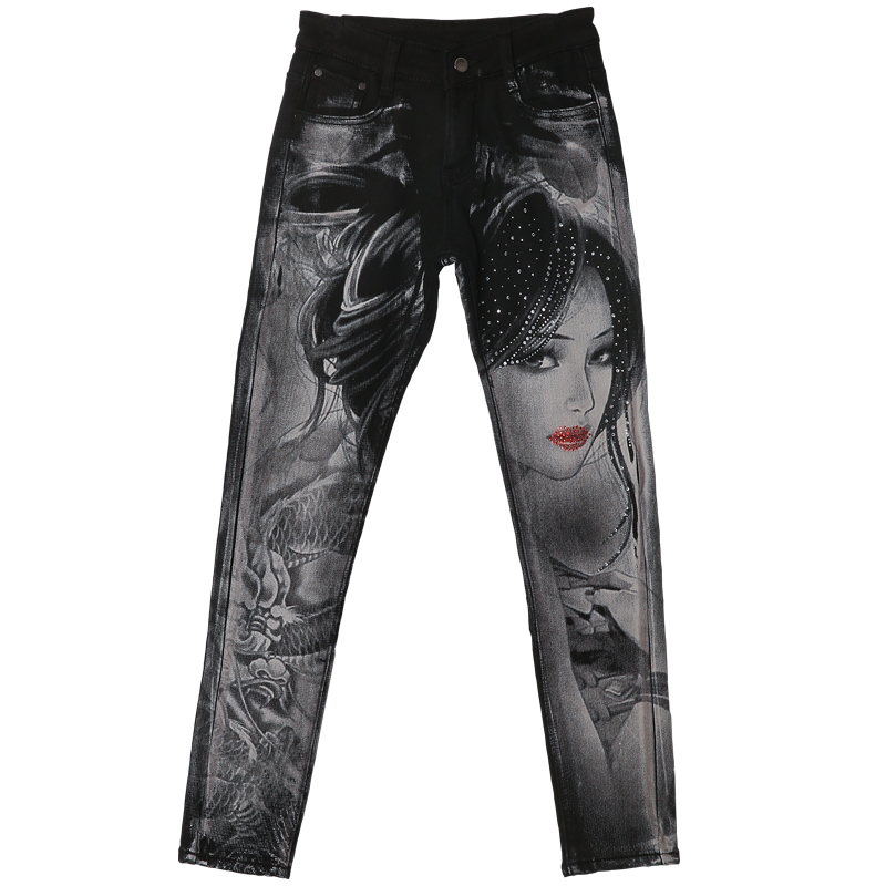 Eastic Pencil Tight Vintage Skinny Jeans Black jean Women Street Style Long Skinny Pants With Painted Ladies Jeans Leggings 210222