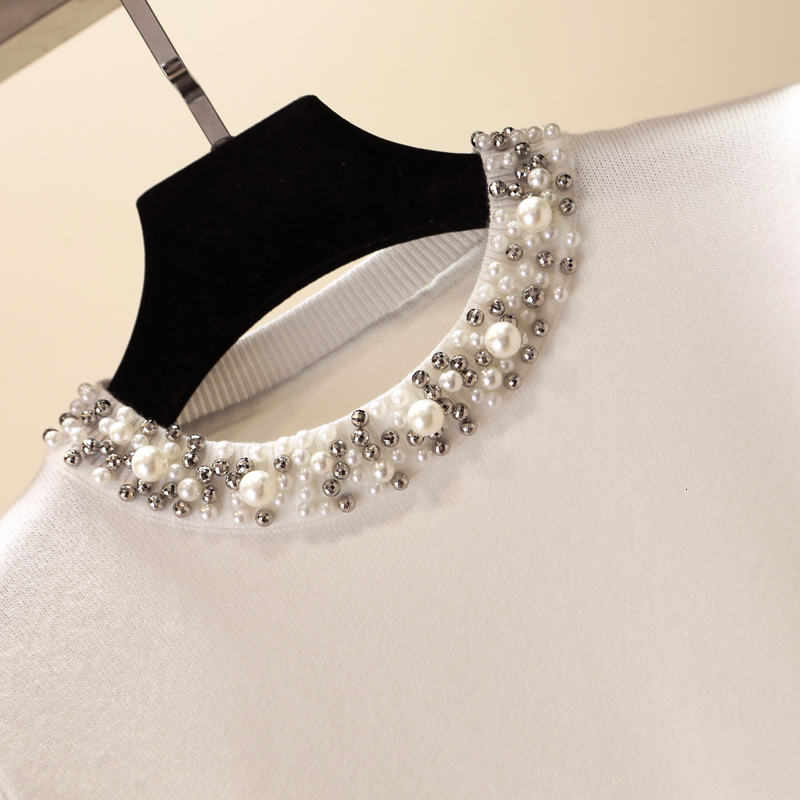 Pearls beading o-neck sweater women elegant basic slim Pullover long sleeve knitted sweaters autumn and winter modis tops T200113