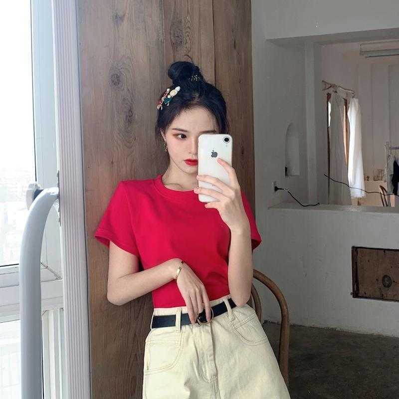 Tee Shirt 11 Solid Color Basic T Women Casual O-neck Harajuku Summer Tops Korean Short Sleeve Slim White Tshirt S-2XL 210526