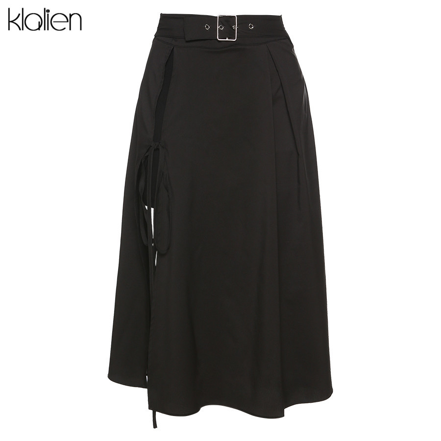 KLALIEN Fashion High Waist Black Midi Skirt Women summer streetwear casual split Hem Asymmetric long Skirt ladies new 210309