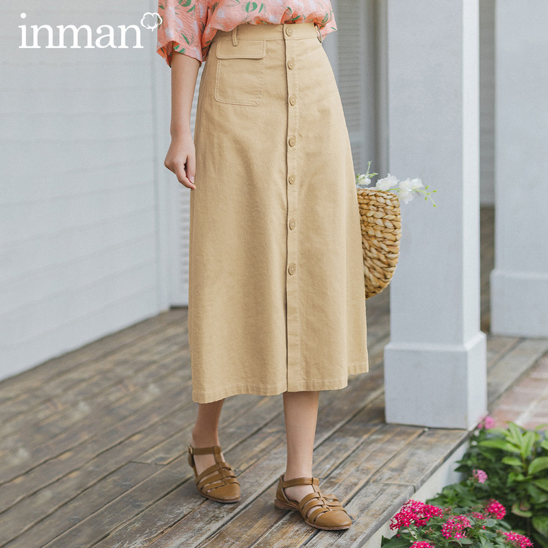INMAN Summer Cotton and Linen Commuting Concise Style A-line Retro Skirt 210311