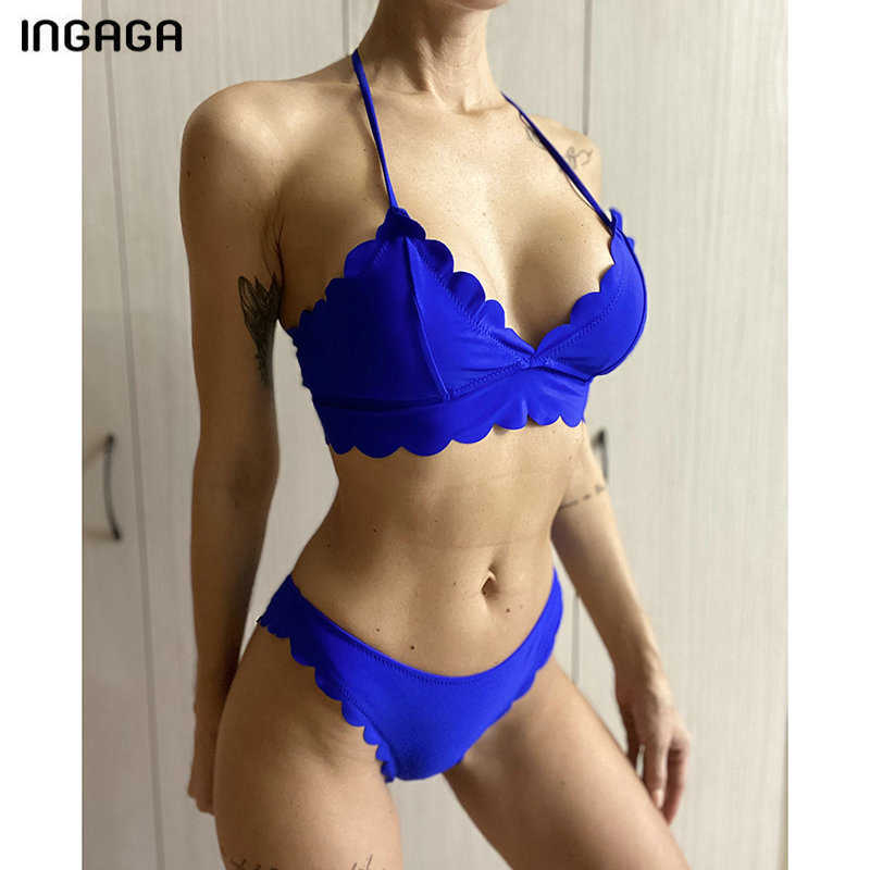 INGAGA Black Bikinis Push Up Swimsuits Swimwear Women String Halter Bathing Suit Lace Biquini Beachwear Bikini Set 210625