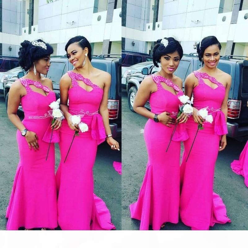 Fuchsia Bridesmaid Dresses One Shoulder Chiffon Mermaid Beaded Custom Made Maid Of Honor Gown Country Wedding Party Wear Vestido