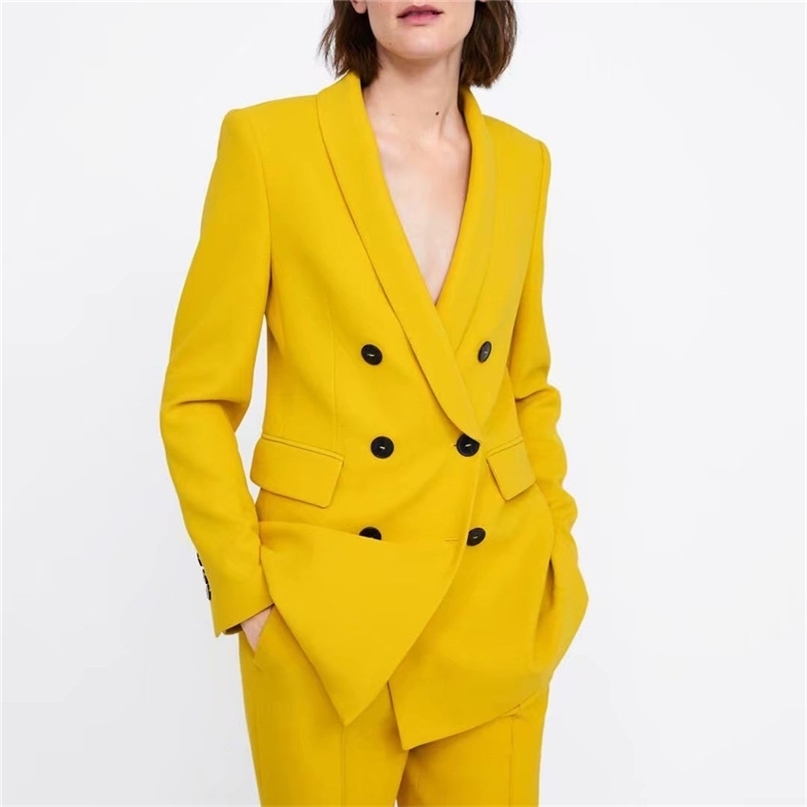 Women Elegant Yellow Blazers and Jackets Pockets Double Breasted Outerwear Office Lady Work Wear Chic Tops Suits Coat 211122