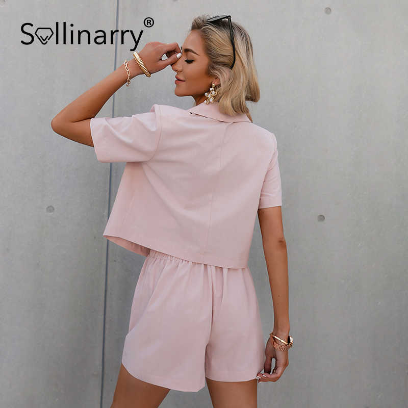 Sollinarry Two-piece suit collar short sleeve for women Pink tie belt shorts female sets Summer casual office ladies streetwear 210709