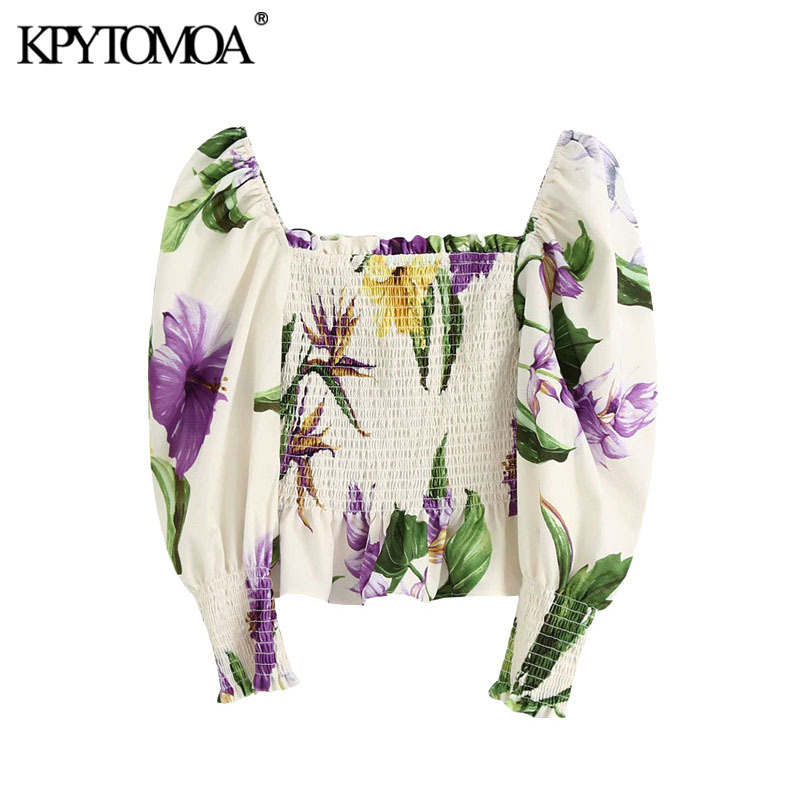 KPYTOMOA Women Fashion Floral Print Ruffled Cropped Blouses Vintage Lantern Sleeve Elastic Smocked Female Shirts Chic Tops 210225