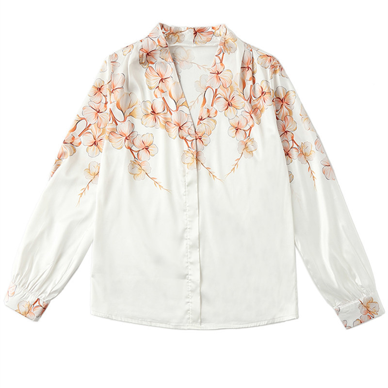 Korean Silk Women Blouses Woman White Silk Blouse Shirt Elegant Women V-neck Silk Shirts Casual Woman Long Sleeve Floral Blouses 210225
