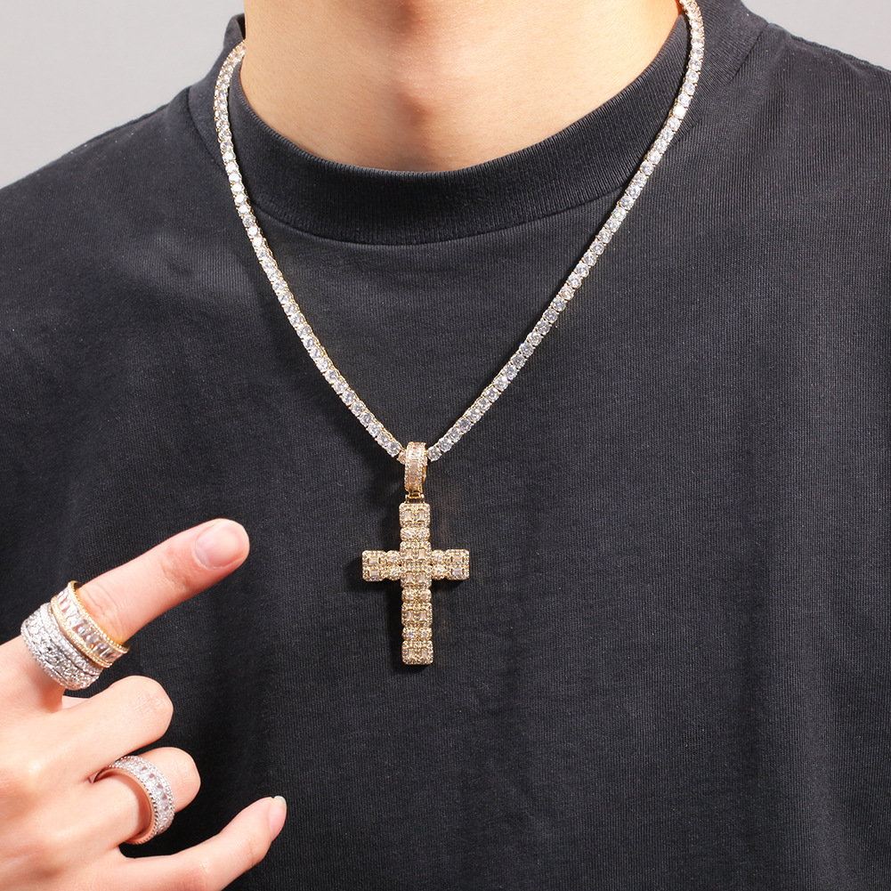 Hip Hop Cross Pendant Necklace Bling 18K Real Gold Plated Shining Crystal Zircon Religious Jewelry Men Women Gift