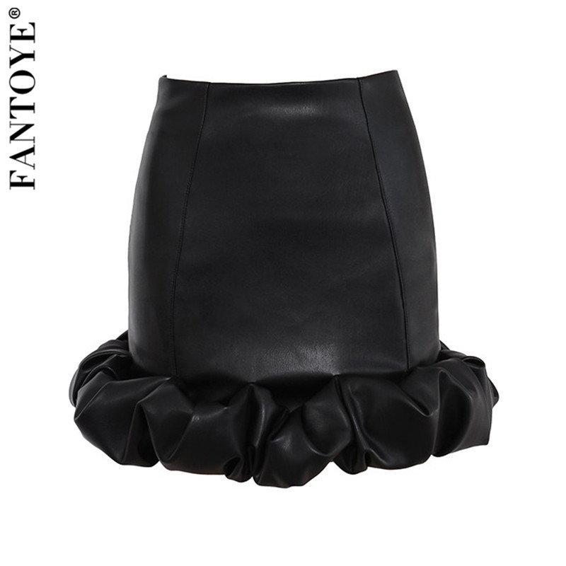 FANTOYE Vintage Elegant Black PU Skirts Women Fashion Faux Leather Bud Skirts Autumn Pleated Ladies Sexy Party Short Skirts 210306