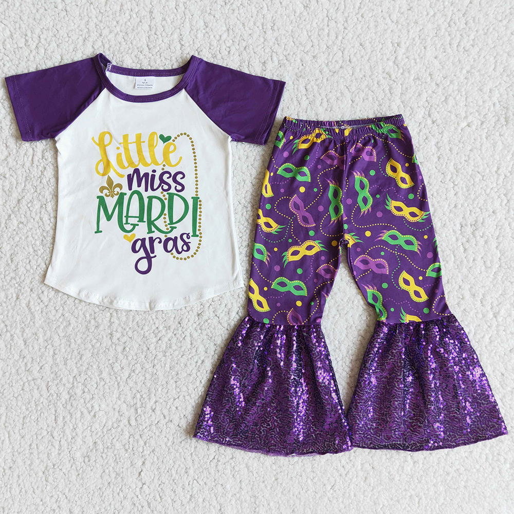 

Wholesale Baby Girl Clothes Mardi Gras Kids Sets Fashion Toddler Girls Clothes Cute Short Sleeve Sequins Bell Bottom Pant Spring Children Outfits, Purple