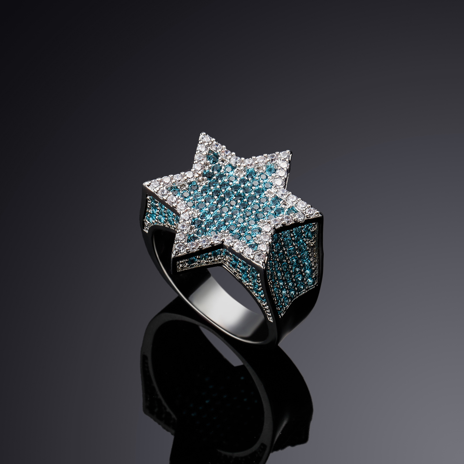 

New Hexagon Star Silver Color Blue Iced Out Cubic Zircon With Side Stones Rings Micro Paved Diamond Hip Hop Jewelry For Gifts