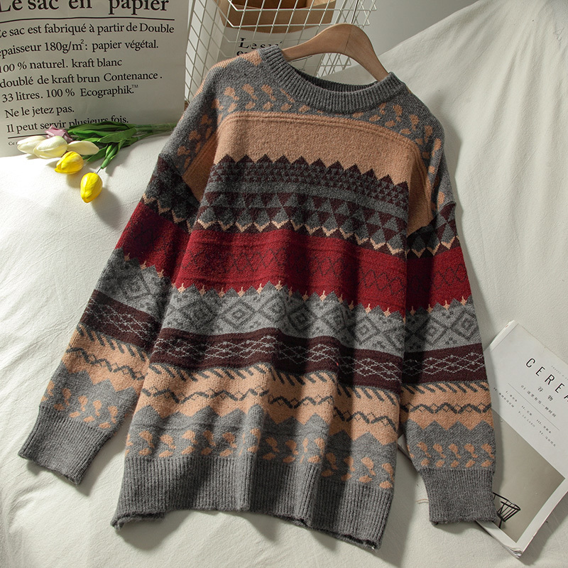 Ezgaga Argyle Sweater Women O-Neck Loose Graphic Tops Autumn New Long Sleeve Pullover Knitting Sweaters Vintage Streetwear 210218