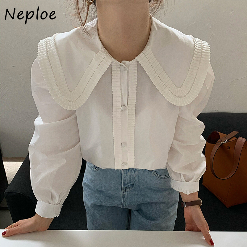Neploe Doll Collar Puff Long Sleeve Cute Blouse Women Work Style OL Loose White Blue Blusas Single Breast Simple Shirt 210225