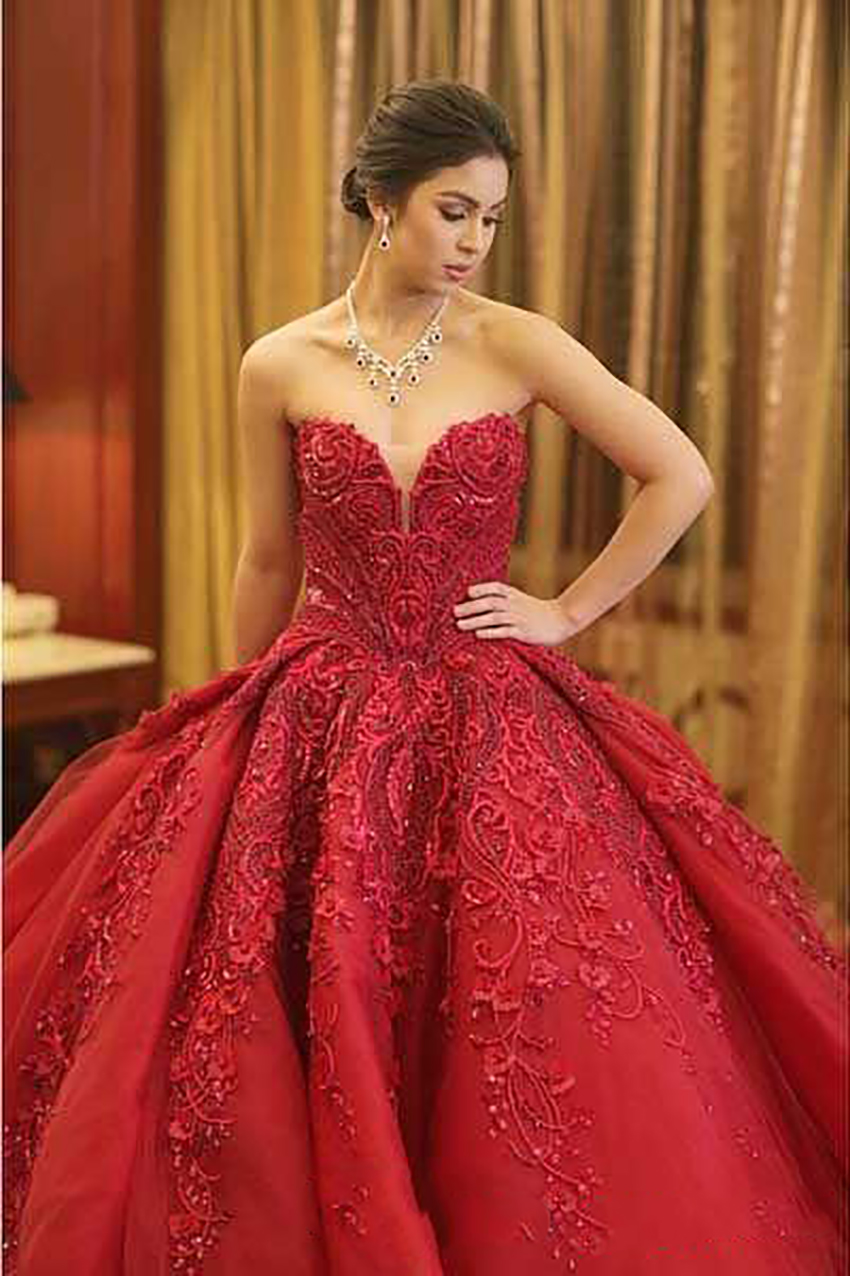 Michael Cinco Luxury Ball Gown Red Wedding Dresses Lace Top quality Beaded Sweetheart Sweep Train Gothic Wedding Dress Civil vestido de