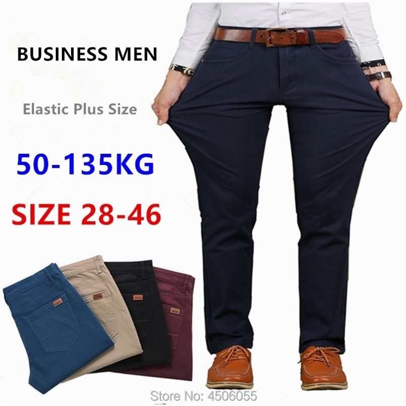 Pants Men Business Straight Cotton Trousers Stretch Man Elastic Slim Fit Casual Big Plus Size 42 44 Black Khaki Red Blue Pant 211112