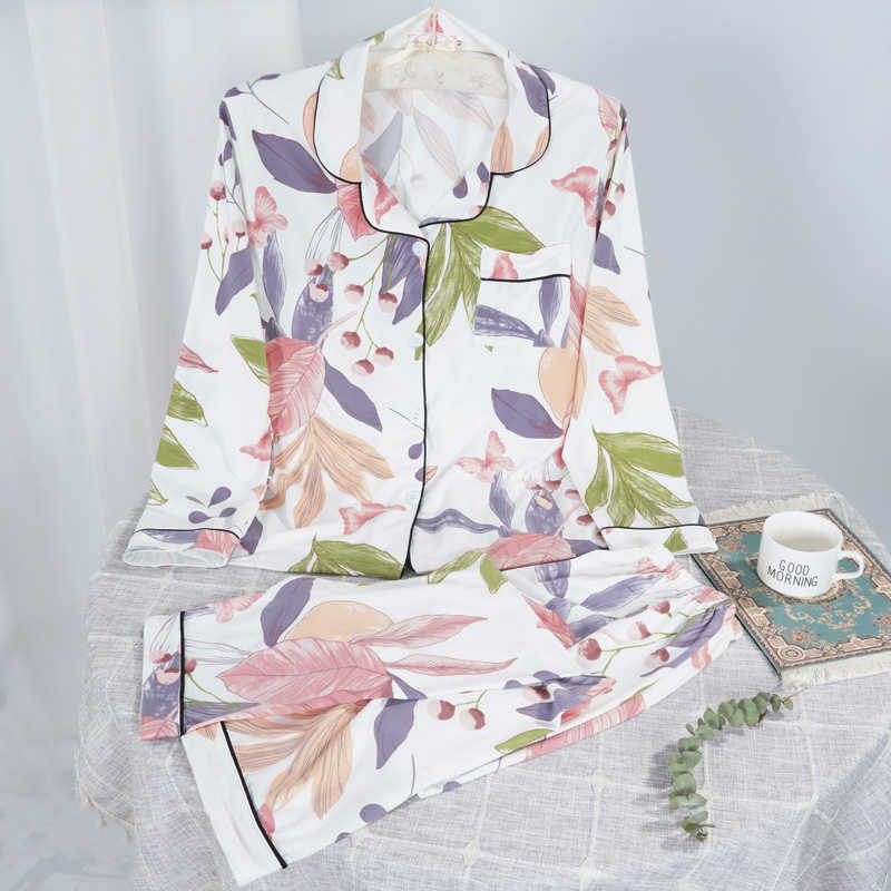 Spring Autumn Women's pajamas 100%Viscose long sleeves trousersset woman 2 pieces Sleepwear women's Floral Printed 210928