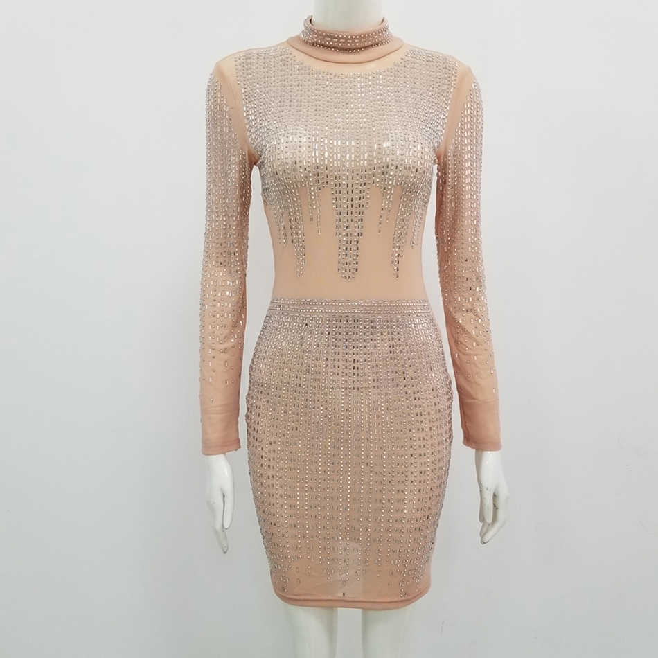 Ladies Summer Sexy Long Sleeve Mesh Beaded Glittering Black Khaki Bodycon Dress Elegant Party Vestidos 210525