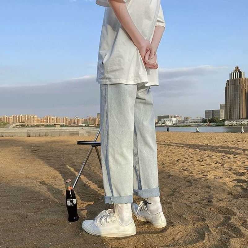 Preppy style jeans men women loose Korean trend multipurpose summer straight pants high street unisex cropped wide-leg trousers 210526