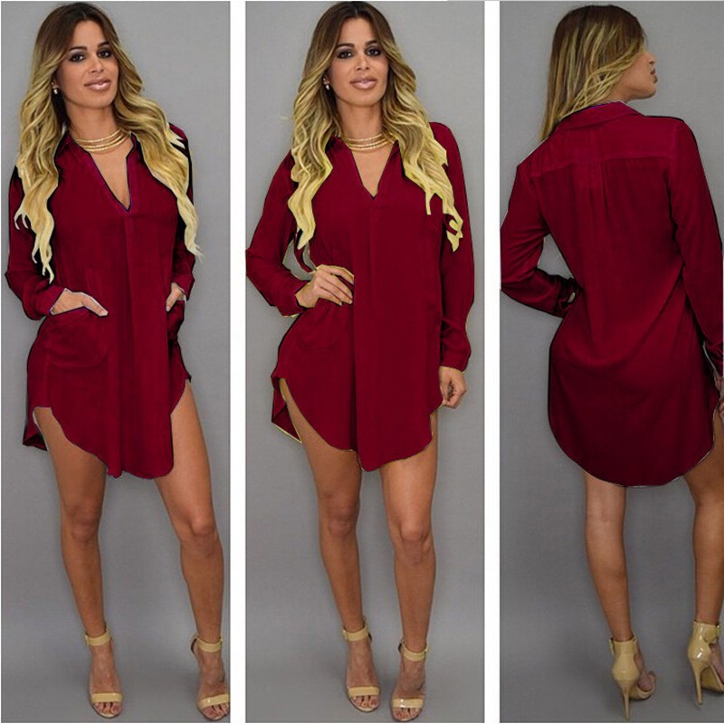 Women Solid Chiffon Blouse Shirt Mini Dress Pocket V Neck Casual Loose Long Sleeve Blouse Tops Summer Beach Wear Cover Up Dress 210303