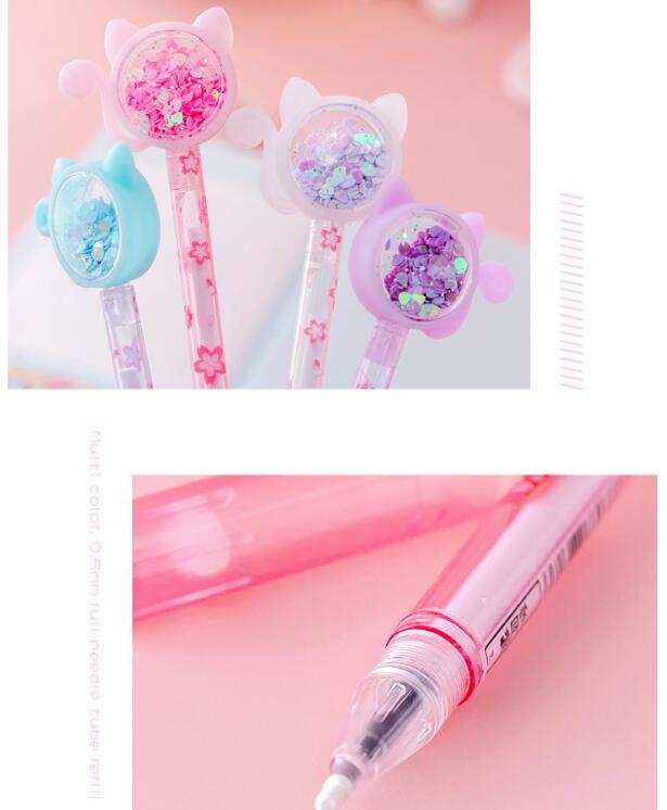 Transparent Cat Sequins Gel Pen 0.5mm Student Cute Signature Gel Stationery Pens School Office Supplies Writing Tools GC759