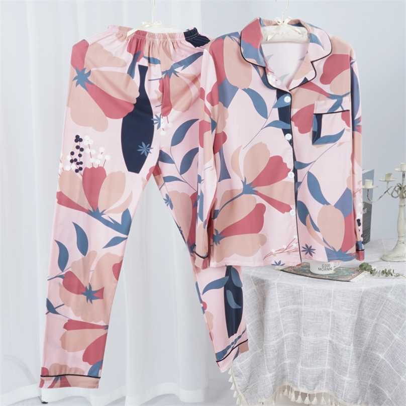 Women's Two-piece Home Suit for Spring and Summer Long-sleeved Cotton Pants Pajamas Print Full sleep tops Woman Pijama Set 211118