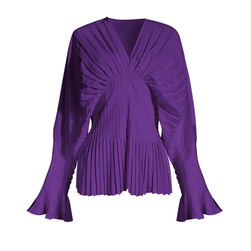 TWOTWINSTYLE Causal Blouses For Female V Neck Flare Long Sleeve High Wiast Pleated Women Shirts Clothes Fashion Summer Tide 210225