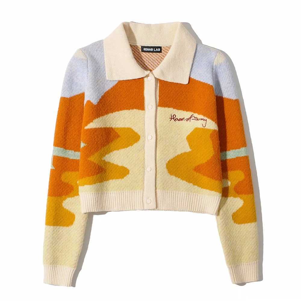 Letter Embroidery Harajuku Knitted Single Breasted Cropped Cardigan Women Autumn Long Sleeve Turn Down Collar Sweater Coat 211007