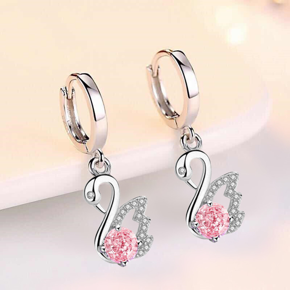 Swan Hoop Earrings 925 Sterling Silver Women's Fashion Jewelry Blue White Crystal Zircon Long Tassel