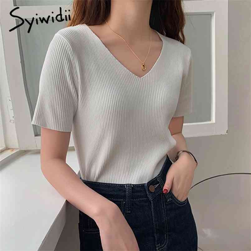 T-shirts Woman Short Sleeve V-Neck Clothes Knitted Canale Soild White Tops Harajuku Summer Korean Fashion Shirts 210607
T-shirts Woman Short Sleeve V-Neck Clothes Knitted Canale Soild White Tops Harajuku Summer Korean Fashion Shirts 210607
