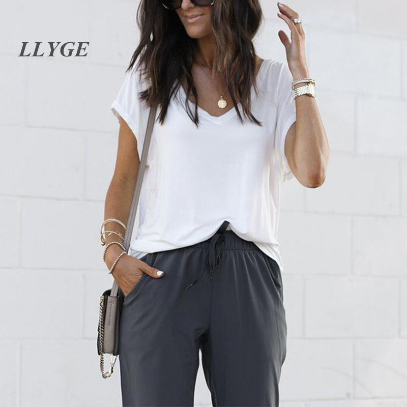 Summer Simple Loose T-shirt Women Solid V-neck Short Sleeve Casual Tshirts Female White Streetwear Fashion Tops For Woman T200614