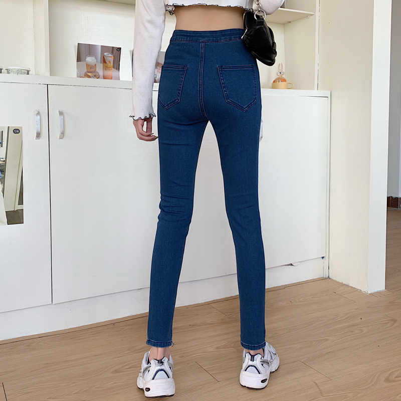 Tonglord Women's Stretch High Waist Jeans Autumn Skinny Trousers Woman Black Blue Gray Washed Pencil Pants Elastic Denim Pants 210222
