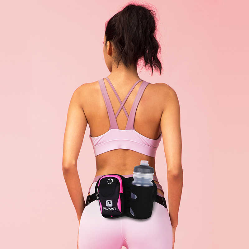 PAUKAOT Sport Running Bags With 500ml Water Bottle Waist Bag Men Women Fanny Pack Camping Hiking Bag Run Belt For Phone Pocket 210708