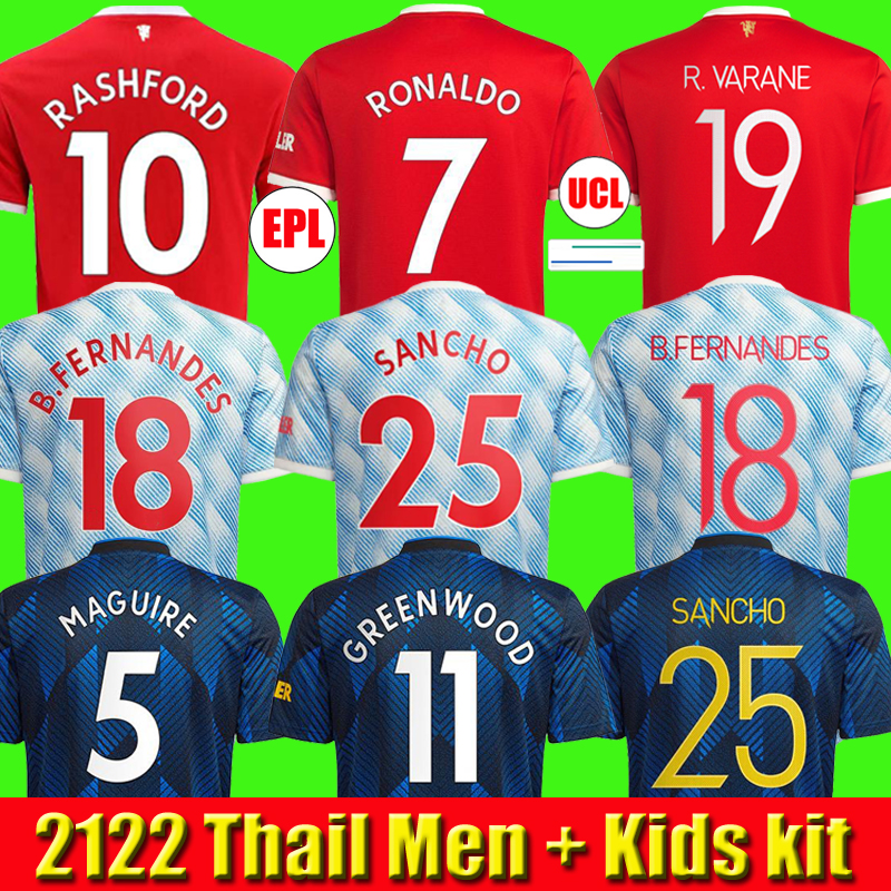 

RONALDO 21 22 SANCHO RASHFORD jerseys 2021 2022 MANCHESter POGBA VARANE MARTIAL SHAW VAN DE BEEK B. FERNANDES UNITED GREENWOOD UTD soccer football shirt man kids kit, 2122 home