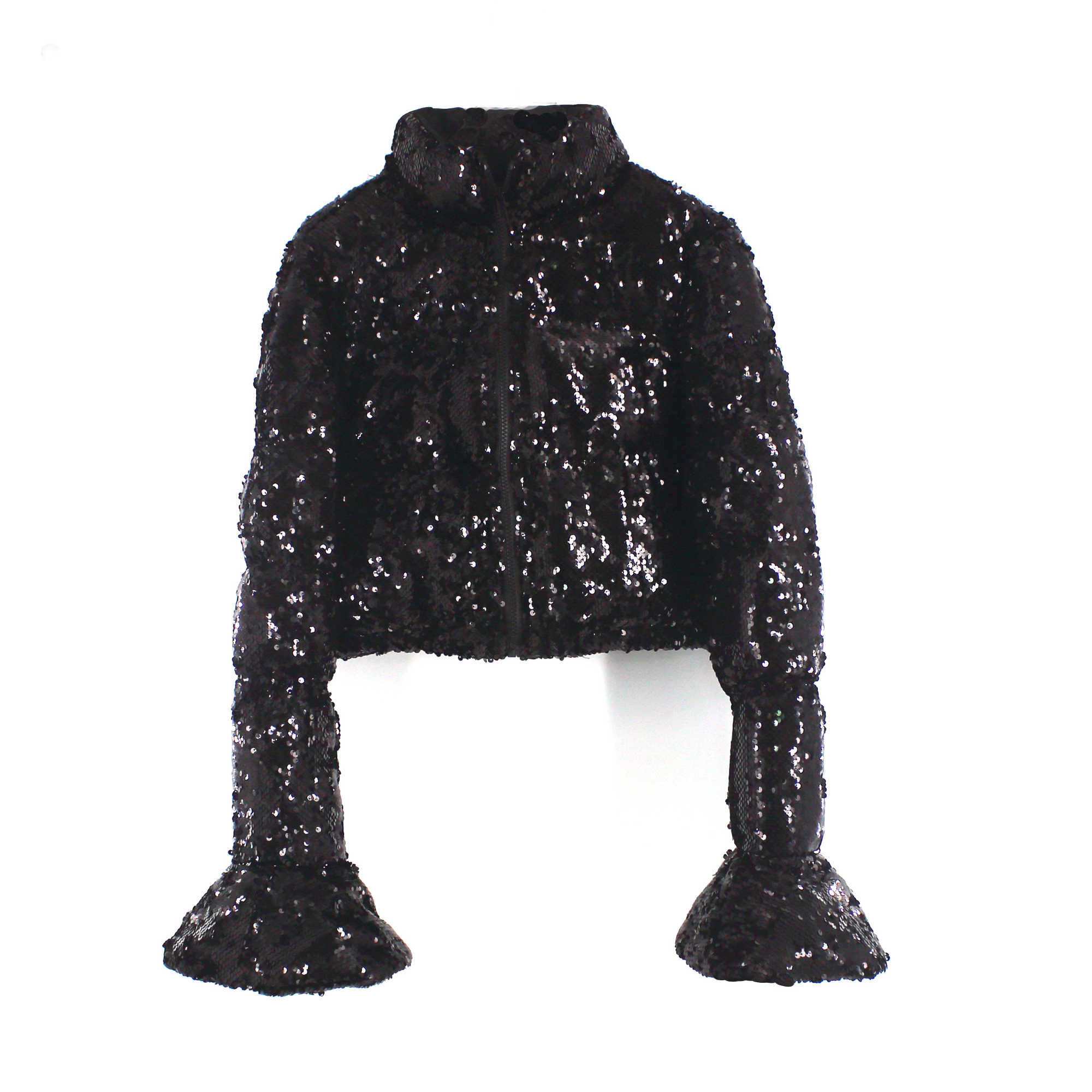 Cropped Puffer Jacket Pink Sequin Bell Sleeve Parka Bubble Coat Winter Fall Women XL XXL 210831