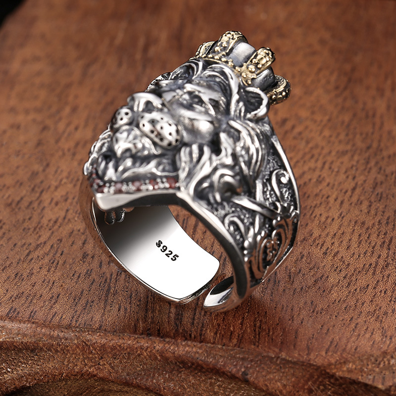 925 sterling silver lion king adjustable rings American European antique silver two-tone handmade vintage designer luxury jewelry rings