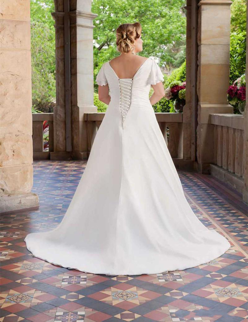 2021 New Plus Size Wedding Dresses Short Sleeve V Neck Beaded Ruffles Chiffon A Line Bridal Gowns Lace Up Back Custom Made 0431