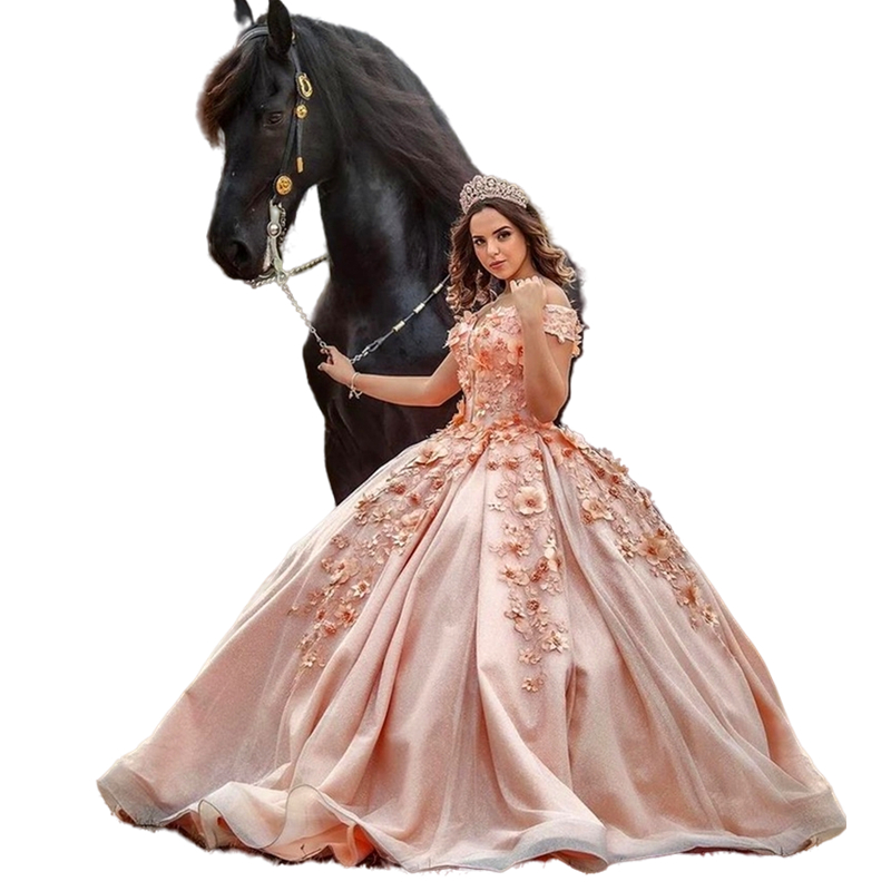 Peach Pink 3D Floral Quinceanera Dresses Off The Shoulder 2022 Appliques Flowers Beads Sweet 16 Dress Prom Party Ball Gowns Pageant Princess Vestidos 