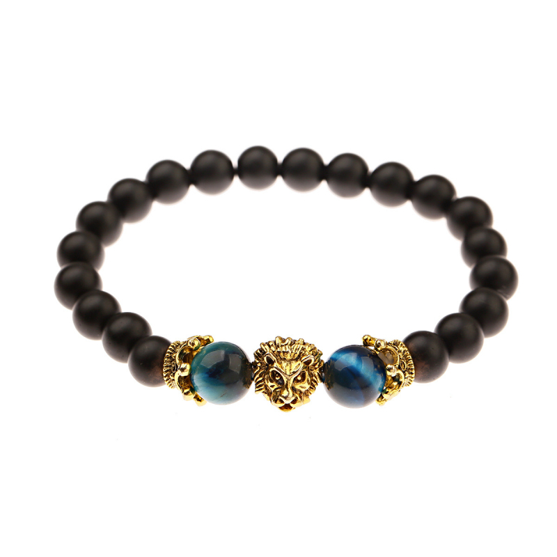 Blue Tiger Eye Beads Strands Bracelets Antique Gold Silver Plated Lion Head Charm Bracelet Jewelry